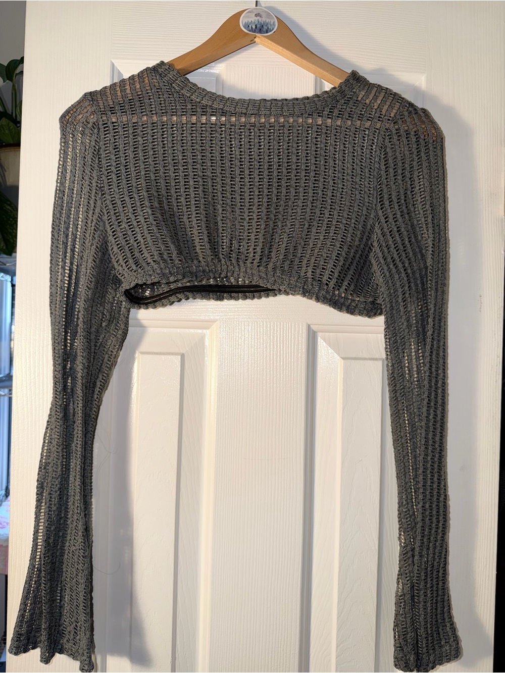 Y2K Gray Open Knit Crochet Crop Shrug Bolero Bell Sleeve Fairy Grunge. US 10